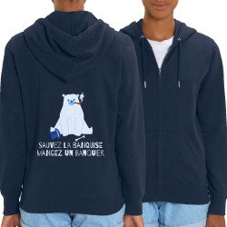 Sweat femme zippé à capuche coton bio bleu marine Sauvez la banquise (Andy,Animaux,Ecologie)