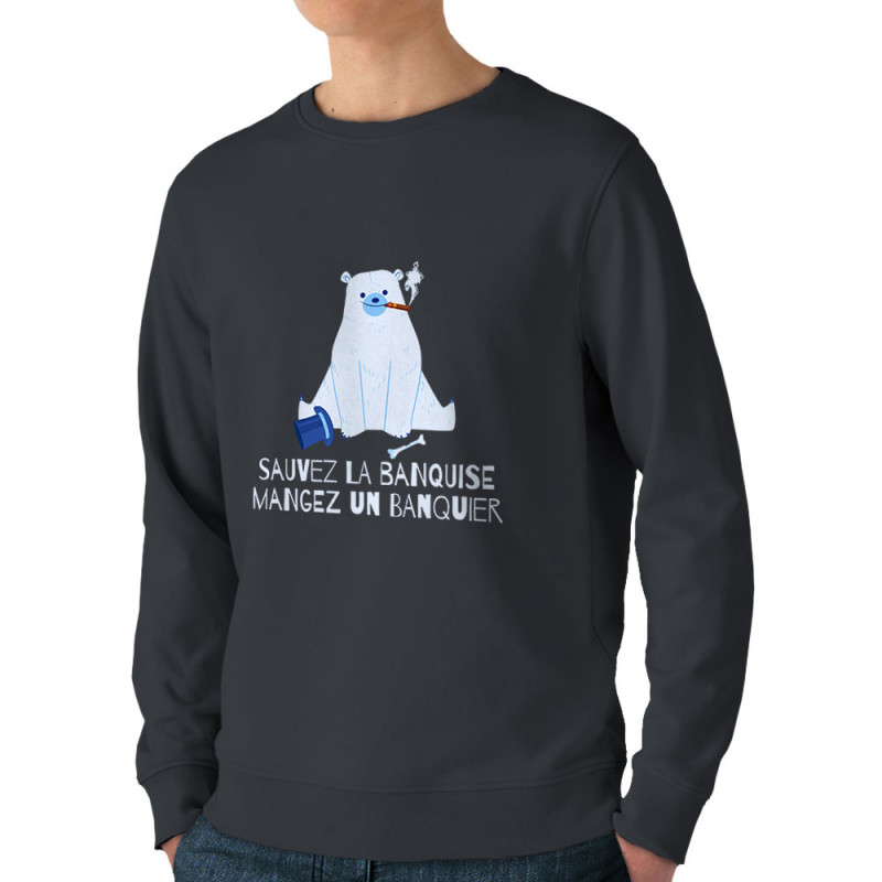 Sweat homme bio col rond gris anthracite Sauvez la banquise (Andy,Animaux,Ecologie)