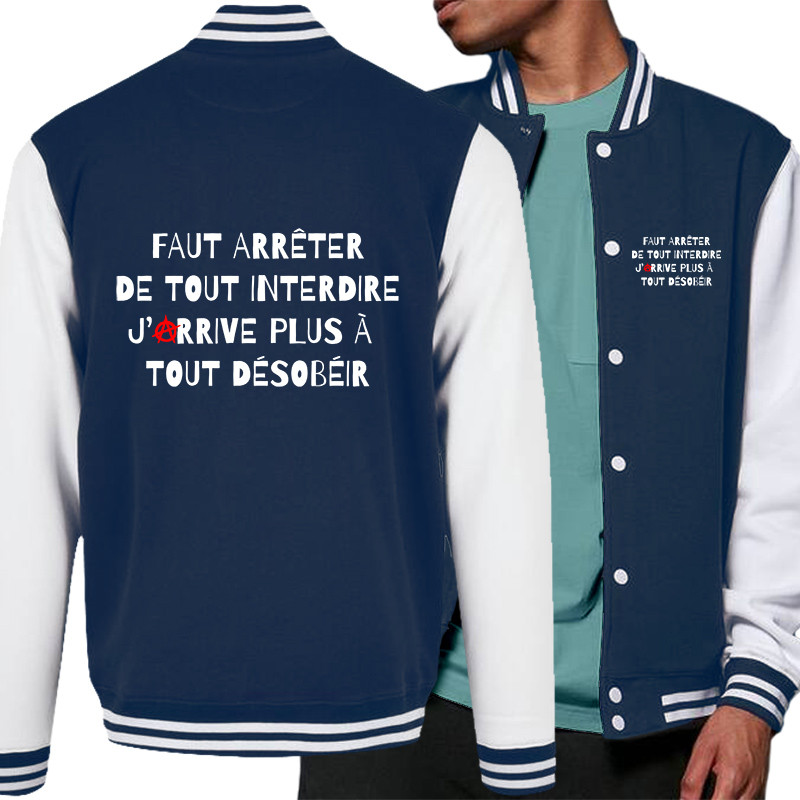 Teddy baseball en molleton bleu marine et blanc Tout interdire (Andy,Slogans Débiles,Humour)