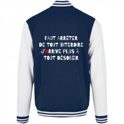 Teddy baseball en molleton bleu marine et blanc Tout interdire (Andy,Slogans Débiles,Humour)