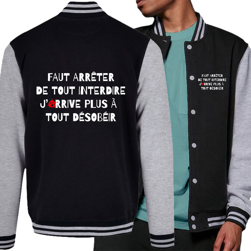 Teddy baseball en molleton noir et gris chiné Tout interdire (Andy,Slogans Débiles,Humour)
