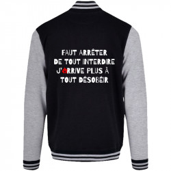 Teddy baseball en molleton noir et gris chiné Tout interdire (Andy,Slogans Débiles,Humour)