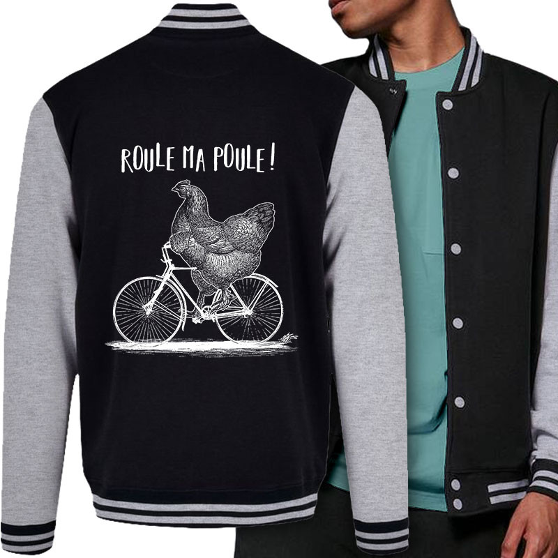 Teddy baseball en molleton noir et gris chiné Roule ma poule (Gondrax,Les Bébêtes,Animaux,Vélo)