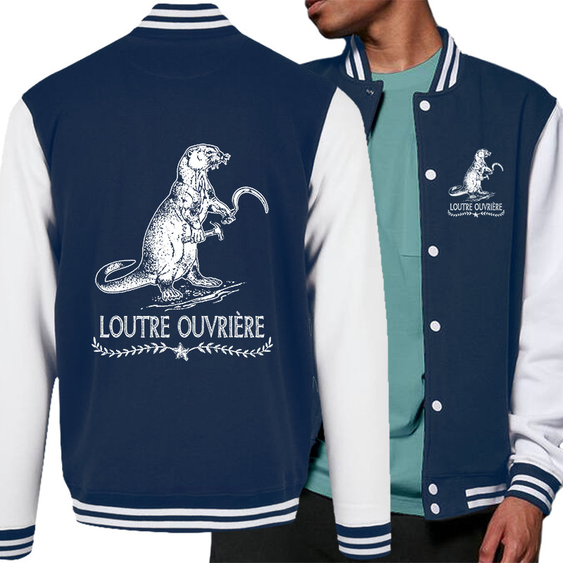 Teddy baseball en molleton bleu marine et blanc Loutre Ouvrière (Gondrax,Les Bébêtes,Animaux,Humour)