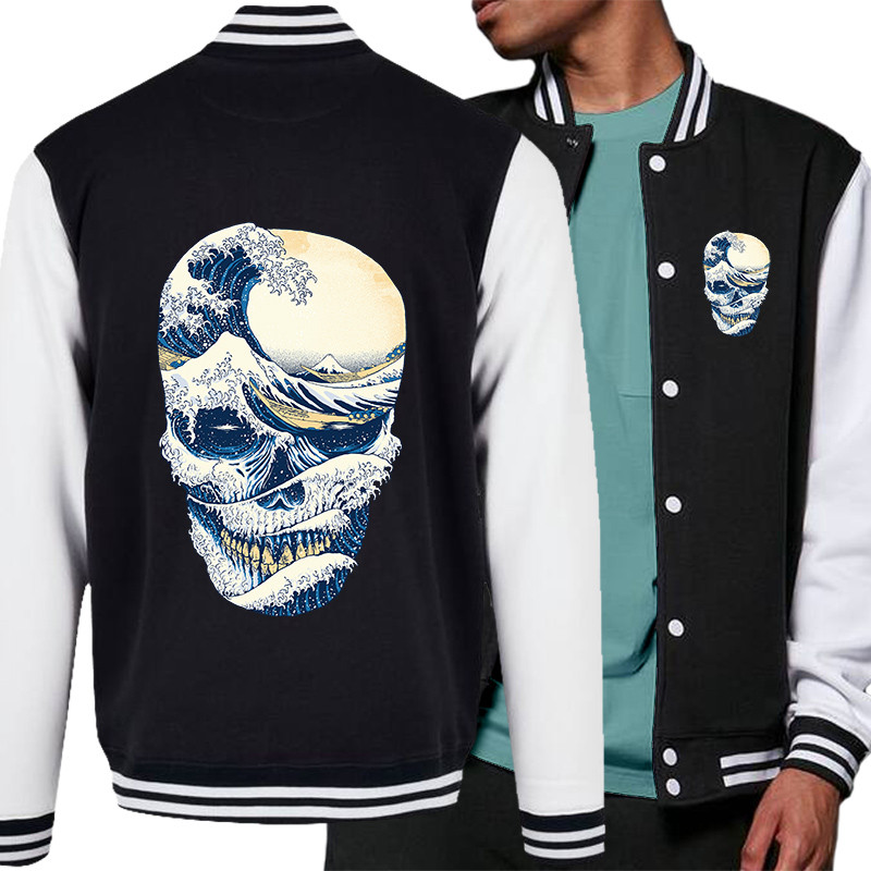Teddy baseball en molleton noir et blanc Hokusai Wave Skull (Têtes de morts,Amazon,Hokusaï,Musée)