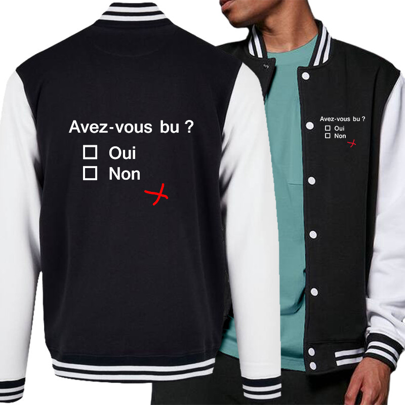 Teddy baseball en molleton noir et blanc Avez-vous bu ? (Le Duc,Alcool,Humour,Enfer)
