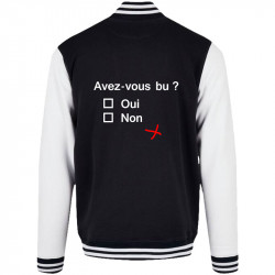 Teddy baseball en molleton noir et blanc Avez-vous bu ? (Le Duc,Alcool,Humour,Enfer)