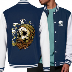 Teddy baseball en molleton bleu marine et blanc Santa Muerte - Smoking Skull (Santa Muerte,Têtes de morts)