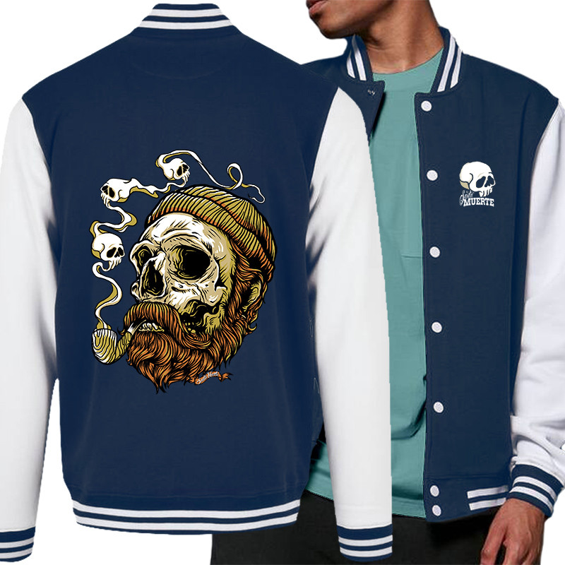 Teddy baseball en molleton bleu marine et blanc Santa Muerte - Smoking Skull (Santa Muerte,Têtes de morts)