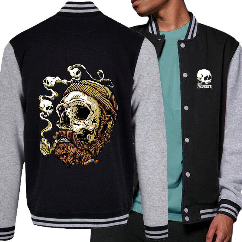 Teddy baseball en molleton noir et gris chiné Santa Muerte - Smoking Skull (Santa Muerte,Têtes de morts)