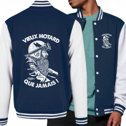 Teddy baseball en molleton bleu marine et blanc Vieux motard que jamais (Gondrax,Humour,Moto,Slogans Débiles)