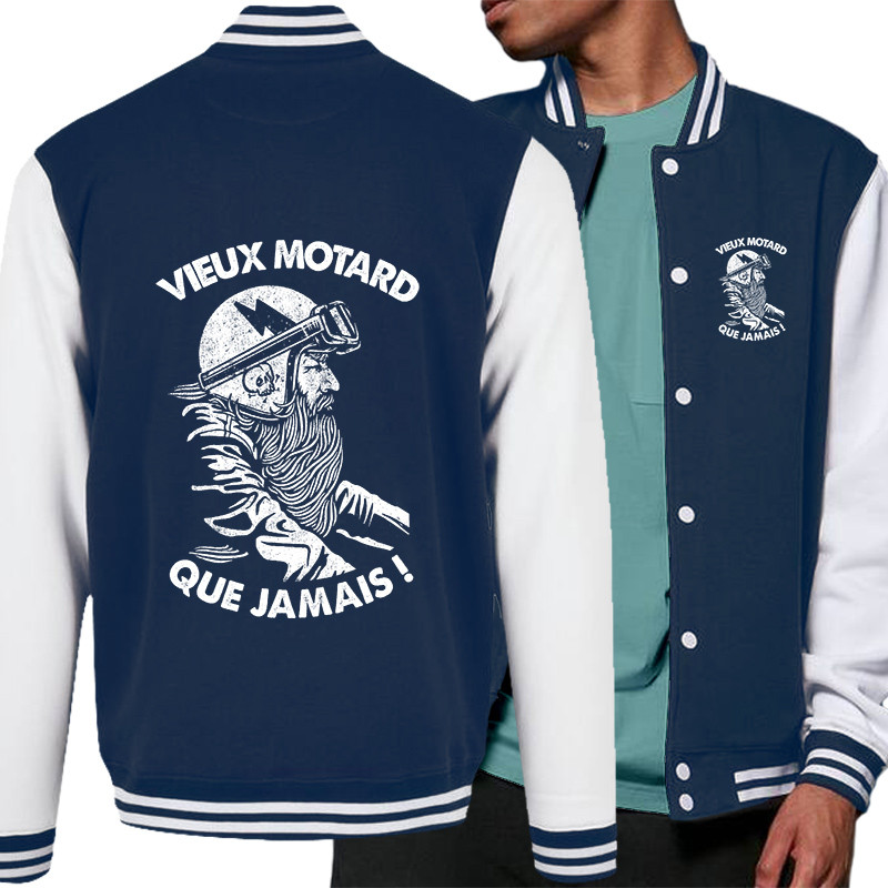 Teddy baseball en molleton bleu marine et blanc Vieux motard que jamais (Gondrax,Humour,Moto,Slogans Débiles)