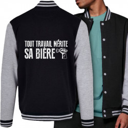 Teddy baseball en molleton noir et gris chiné Tout travail mérite sa bière (Andy,Alcool,Slogans Débiles)