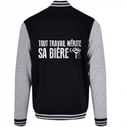 Teddy baseball en molleton noir et gris chiné Tout travail mérite sa bière (Andy,Alcool,Slogans Débiles)