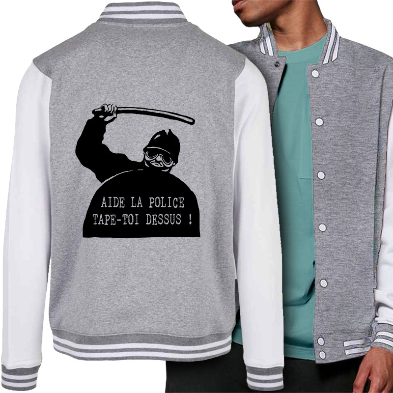 Teddy baseball en molleton gris chiné et blanc Aide la police (Slogans engagés,Humour)