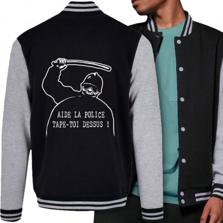 Teddy baseball en molleton noir et gris chiné Aide la police (Slogans engagés,Humour)