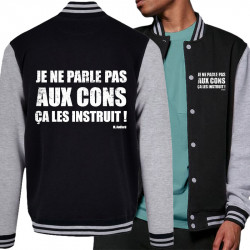 Teddy baseball en molleton noir et gris chiné Je ne parle pas aux cons (Gondrax,Films/Séries,Slogans Débiles)