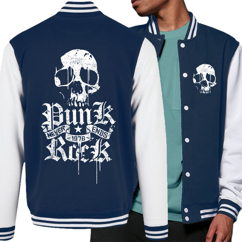 Teddy baseball en molleton bleu marine et blanc Punk Rock Never Ends (Têtes de morts,Rock & Punk)