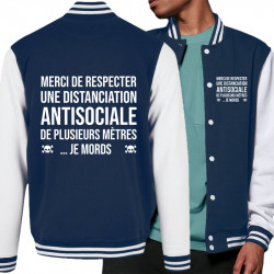 Teddy baseball en molleton bleu marine et blanc Distanciation Antisociale (Gondrax,Slogans Débiles,Humour)