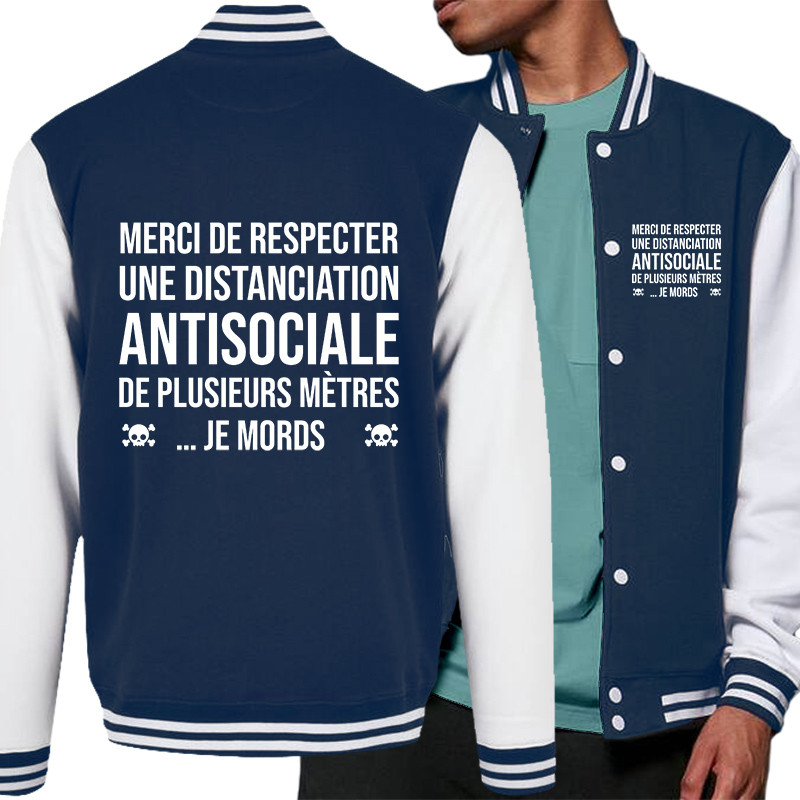 Teddy baseball en molleton bleu marine et blanc Distanciation Antisociale (Gondrax,Slogans Débiles,Humour)