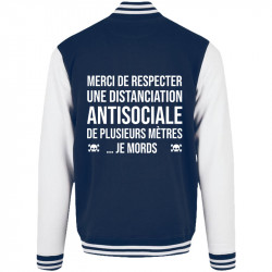 Teddy baseball en molleton bleu marine et blanc Distanciation Antisociale (Gondrax,Slogans Débiles,Humour)
