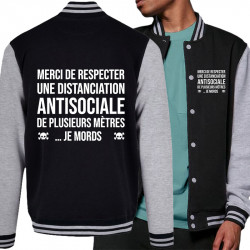 Teddy baseball en molleton noir et gris chiné Distanciation Antisociale (Gondrax,Slogans Débiles,Humour)