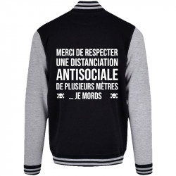 Teddy baseball en molleton noir et gris chiné Distanciation Antisociale (Gondrax,Slogans Débiles,Humour)