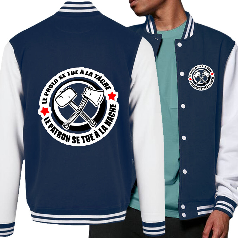 Teddy baseball en molleton bleu marine et blanc Le prolo se tue à la tâche (Slogans engagés)