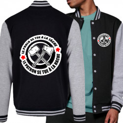 Teddy baseball en molleton noir et gris chiné Le prolo se tue à la tâche (Slogans engagés)