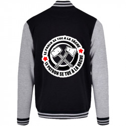 Teddy baseball en molleton noir et gris chiné Le prolo se tue à la tâche (Slogans engagés)