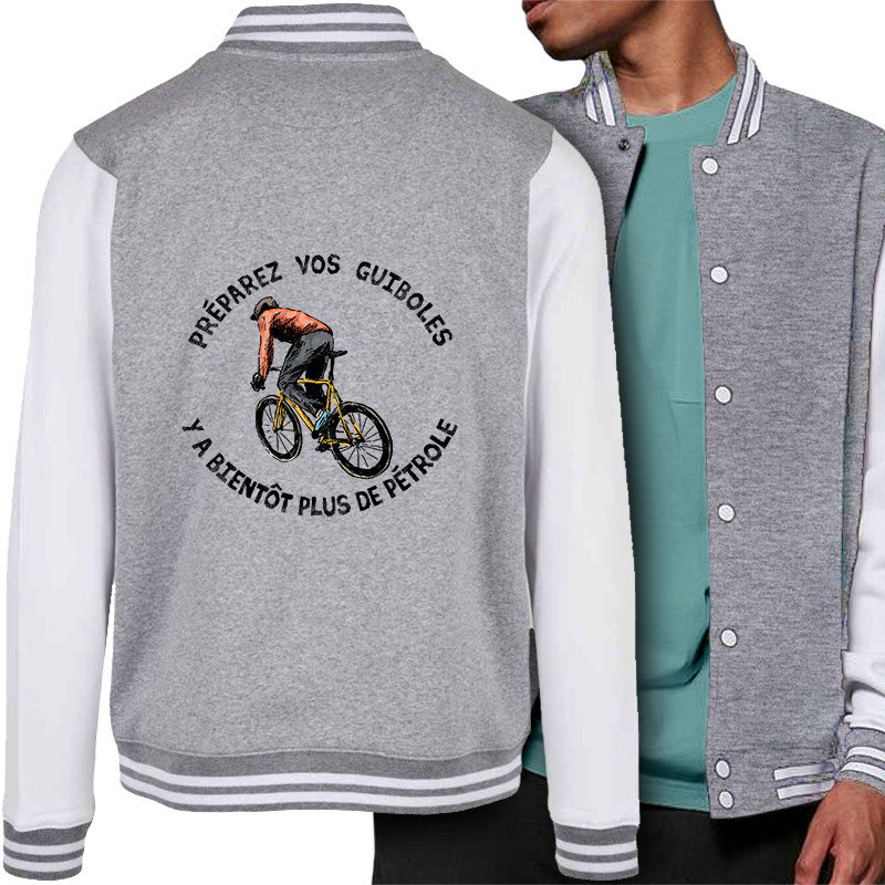 Teddy baseball en molleton gris chiné et blanc Préparez vos guiboles (Gondrax,Slogans Débiles,Ecologie,Vélo)