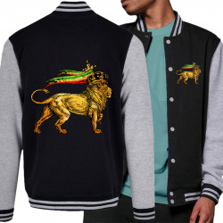 Teddy baseball en molleton noir et gris chiné Rasta Lion (Animaux,Reggae)