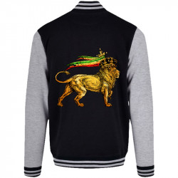 Teddy baseball en molleton noir et gris chiné Rasta Lion (Animaux,Reggae)