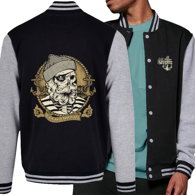 Teddy baseball en molleton noir et gris chiné Santa Muerte - Dead Fisherman (Simon,Santa Muerte,Têtes de morts)
