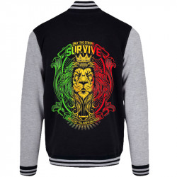 Teddy baseball en molleton noir et gris chiné Only the strong survive (Animaux,Reggae)