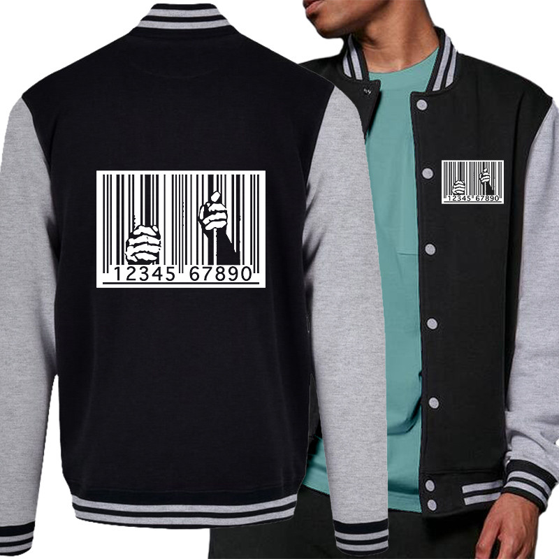 Teddy baseball en molleton noir et gris chiné Code barre prison (Slogans engagés)