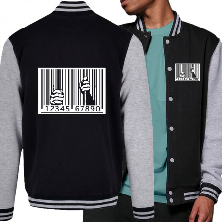 Teddy baseball en molleton noir et gris chiné Code barre prison (Slogans engagés)