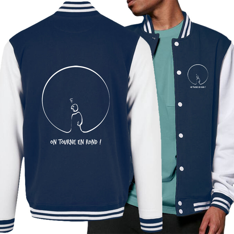 Teddy baseball en molleton bleu marine et blanc On tourne en rond (Gondrax,Humour,Slogans engagés)