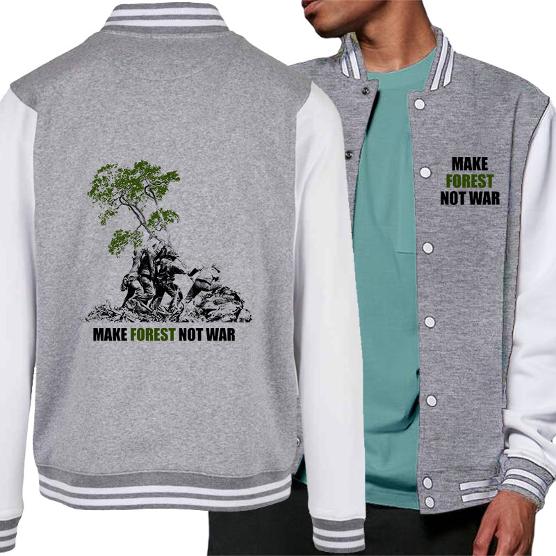 Teddy baseball en molleton gris chiné et blanc Make Forest Not War (Gondrax,Ecologie,Slogans engagés)