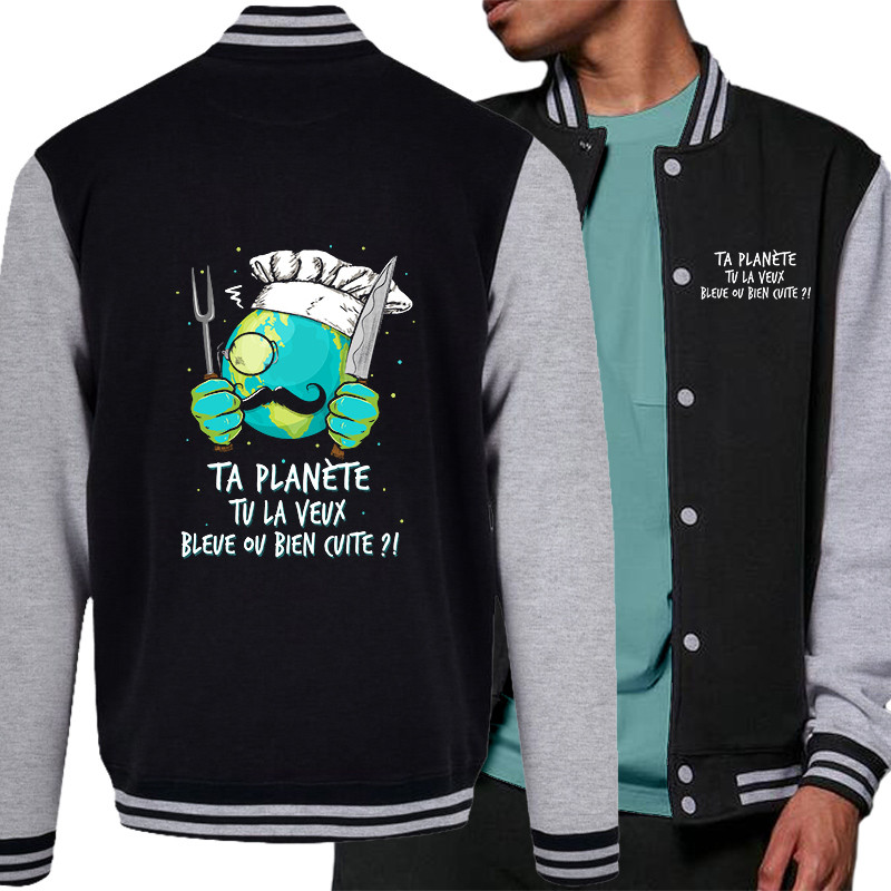 Teddy baseball en molleton noir et gris chiné Ta planète bleue ou bien cuite (Gondrax,Ecologie,Slogans Débiles)