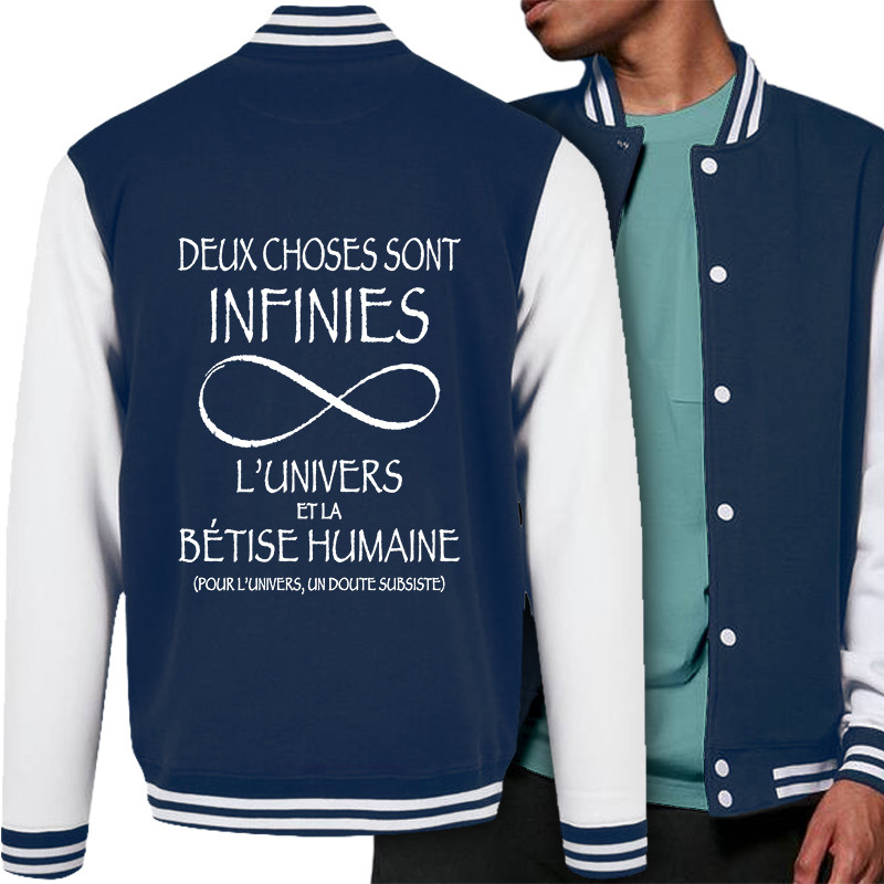 Teddy baseball en molleton bleu marine et blanc Deux choses sont infinies (Gondrax,Slogans Débiles,Slogans engagés)