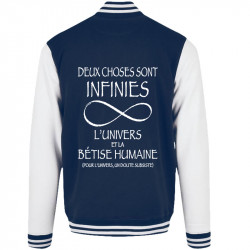 Teddy baseball en molleton bleu marine et blanc Deux choses sont infinies (Gondrax,Slogans Débiles,Slogans engagés)