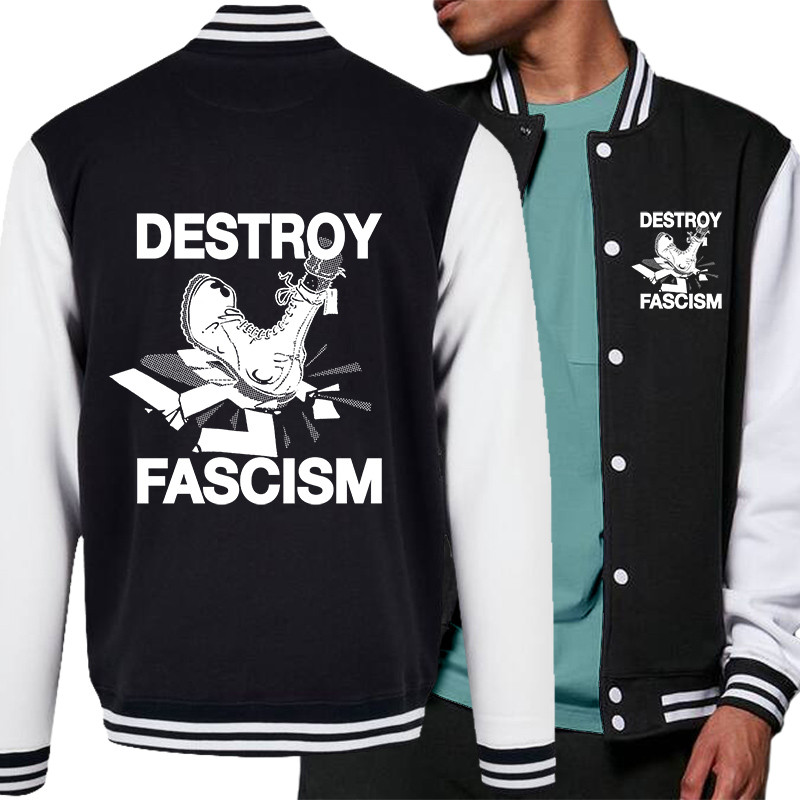 Teddy baseball en molleton noir et blanc Destroy Fascism (Slogans engagés)