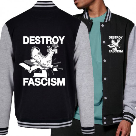 Teddy baseball en molleton noir et gris chiné Destroy Fascism (Slogans engagés)