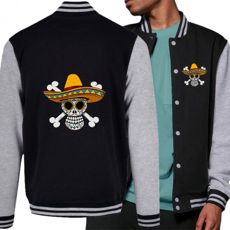 Teddy baseball en molleton noir et gris chiné One Piece Mexican Skull (Le Duc,Manga Kawaï japan,Films/Séries,Têtes de morts,Déto