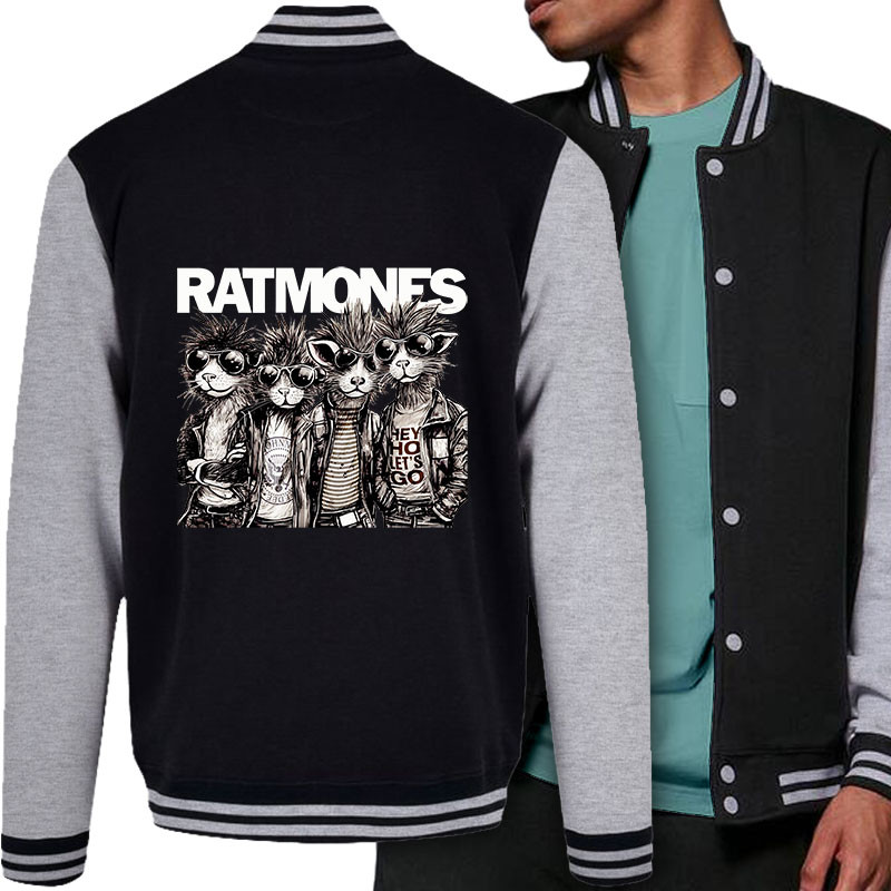 Teddy baseball en molleton noir et gris chiné Ratmones (Ramones) (Animaux,Détournements,Gondrax)