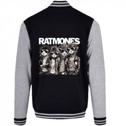 Teddy baseball en molleton noir et gris chiné Ratmones (Ramones) (Animaux,Détournements,Gondrax)