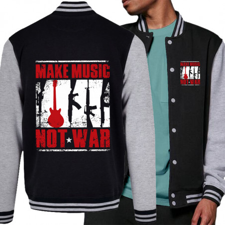 Teddy baseball en molleton noir et gris chiné Make Music Not War (Rock & Punk,Slogans engagés)