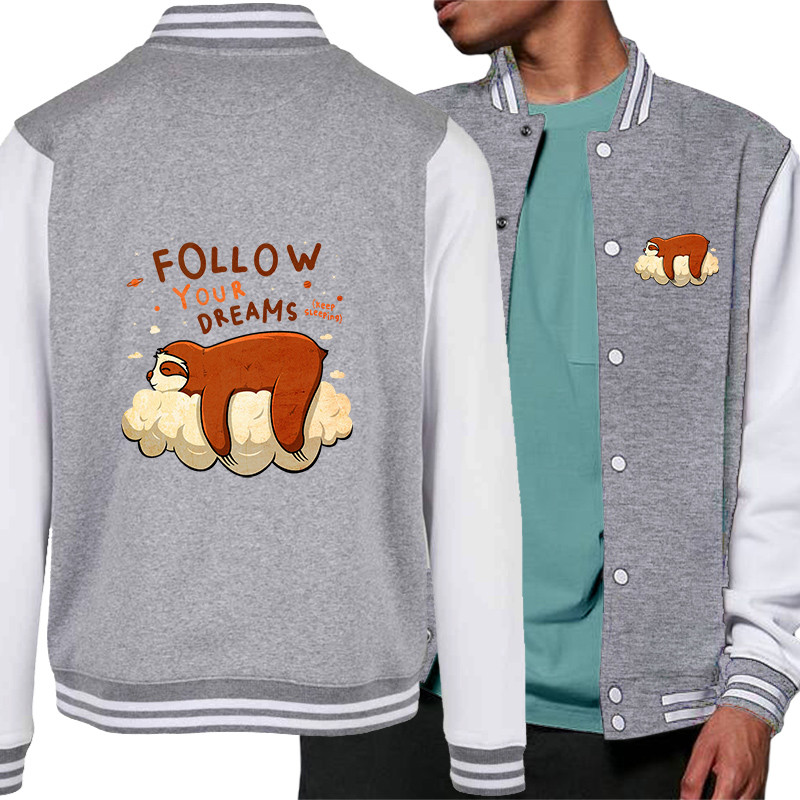Teddy baseball en molleton gris chiné et blanc Follow your dreams paresseux (Le Duc,Animaux,Paresse)