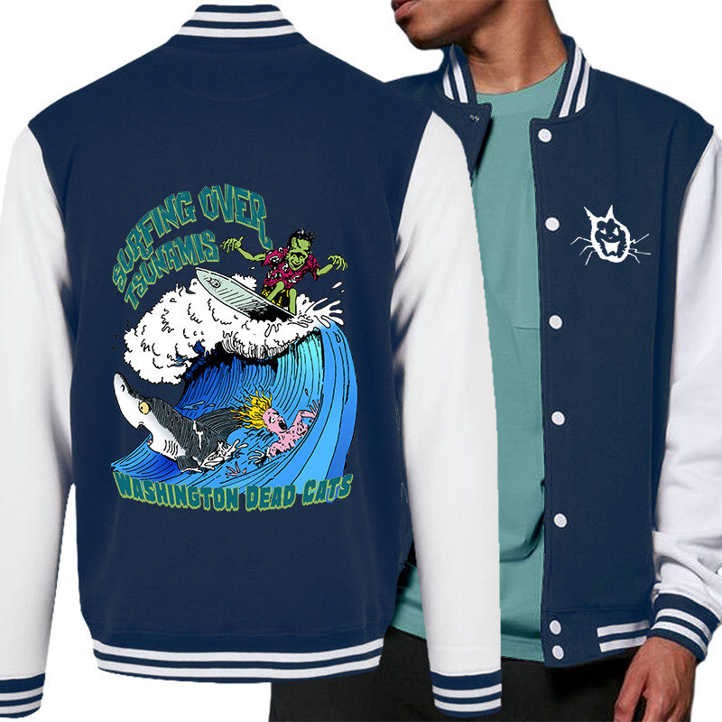 Teddy baseball en molleton bleu marine et blanc Surfing Over Tsunamis (Washington Dead Cats,Skate)